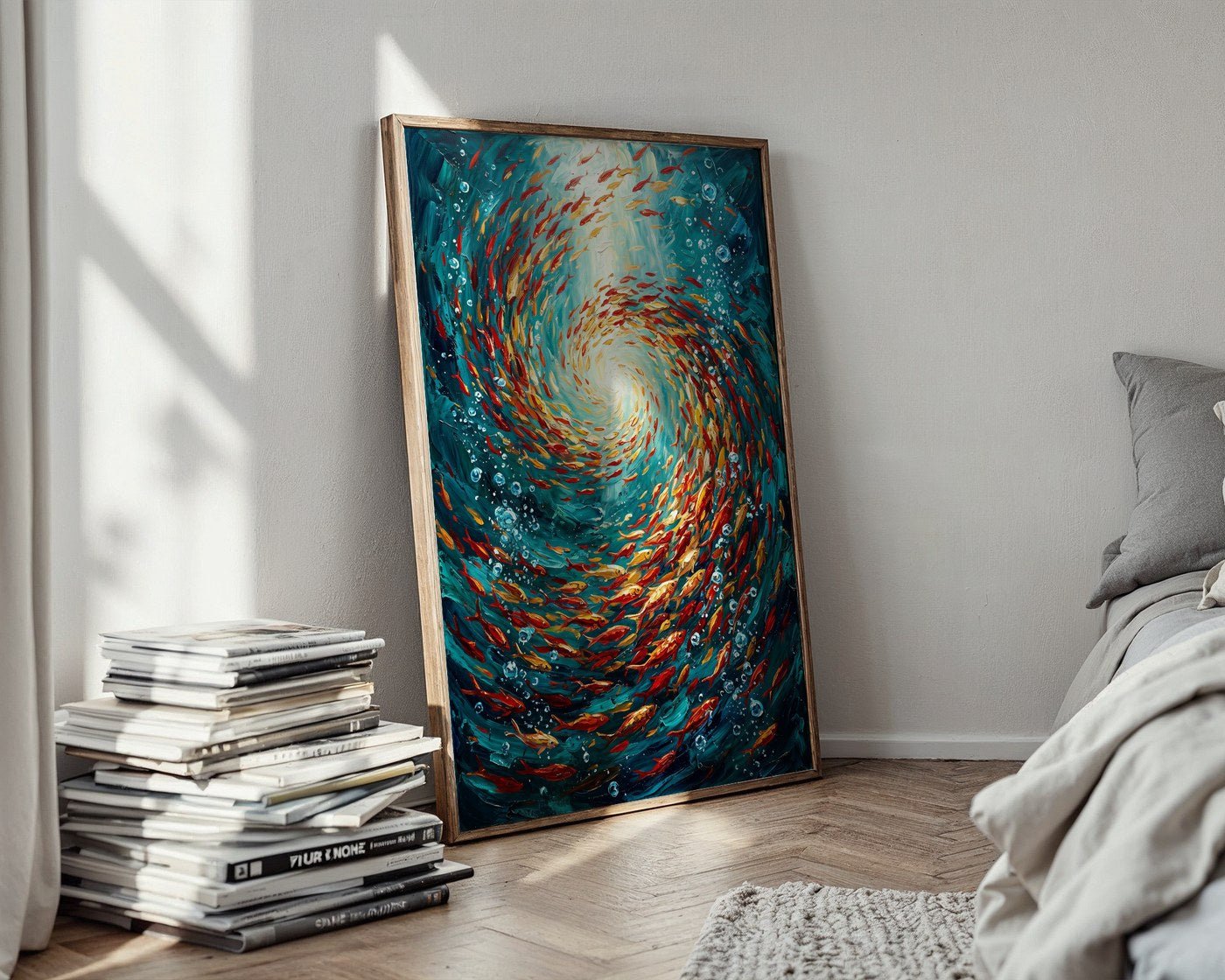 Red and Gold Fish Vortex Poster – Expressive Oil Painting Wall Art — styled-wall