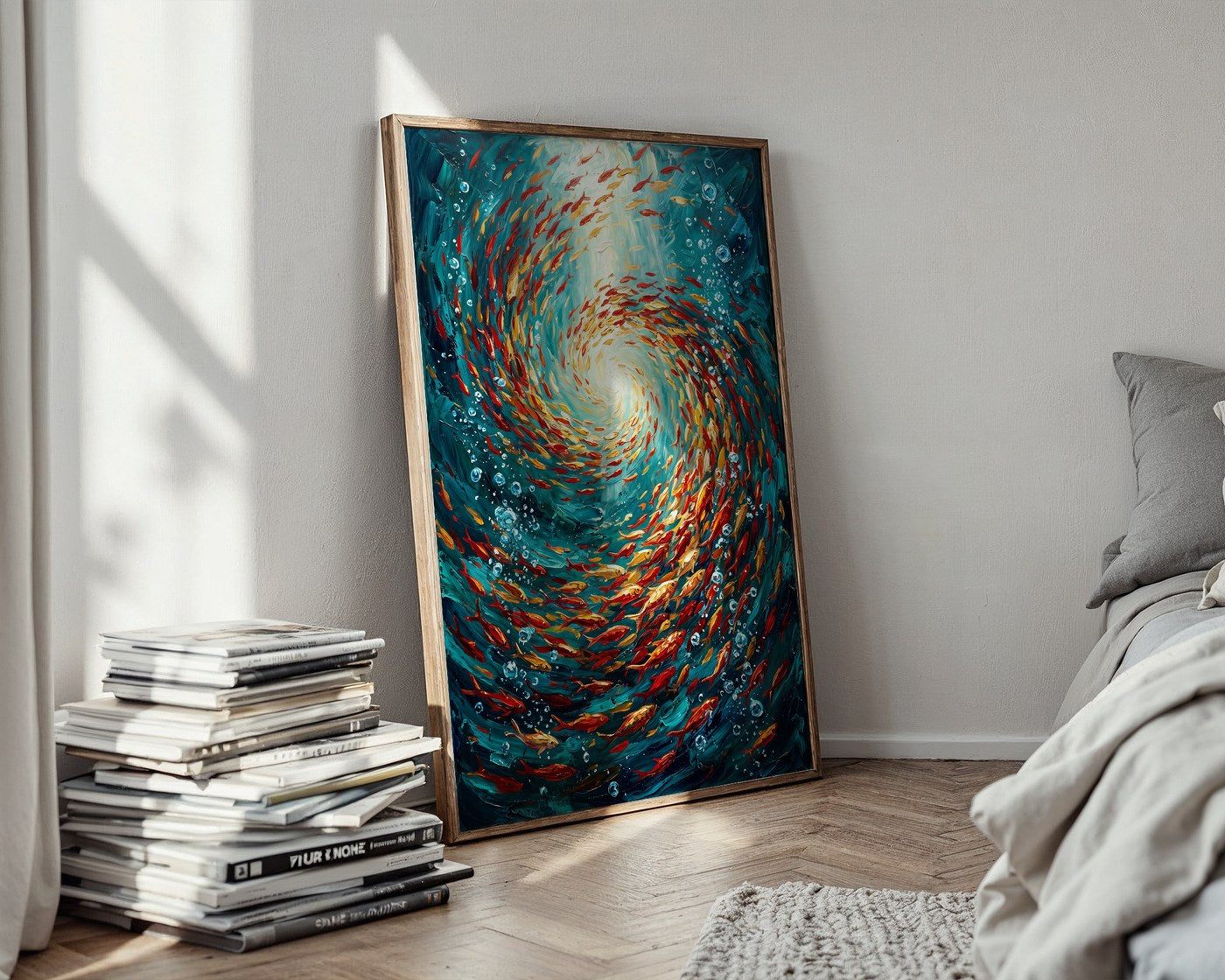 Red and Gold Fish Vortex Poster – Expressive Oil Painting Wall Art — styled-wall