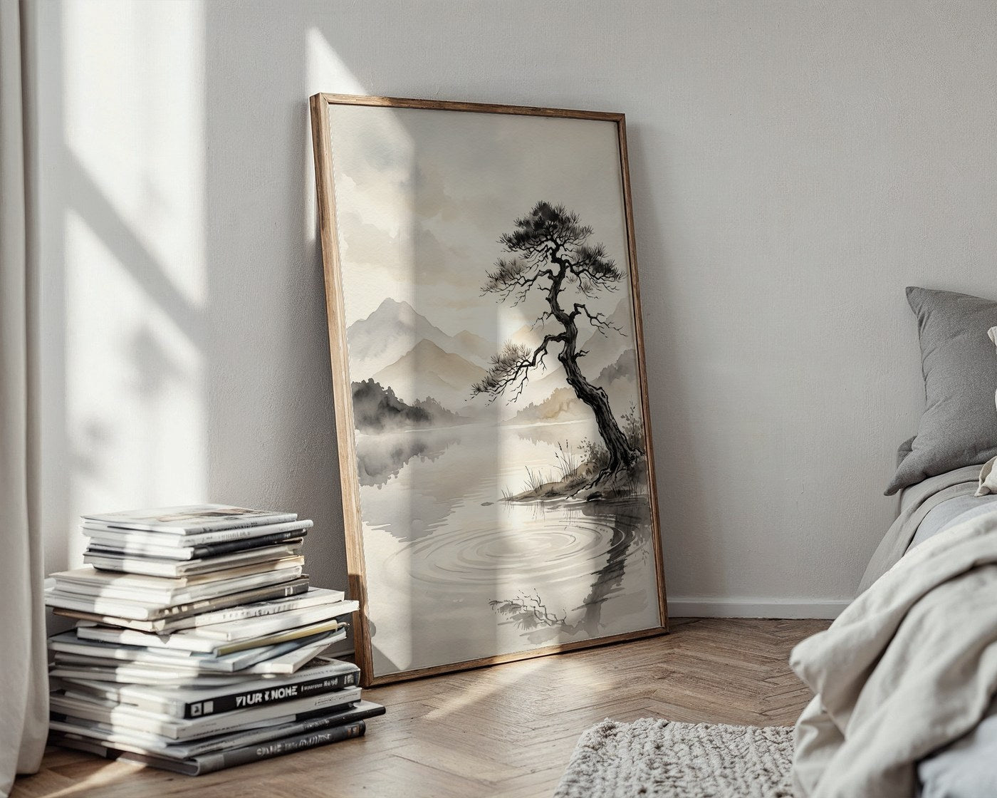 Zen Mountain Lake Poster – Japandi Landscape Wall Art Print — styled-wall