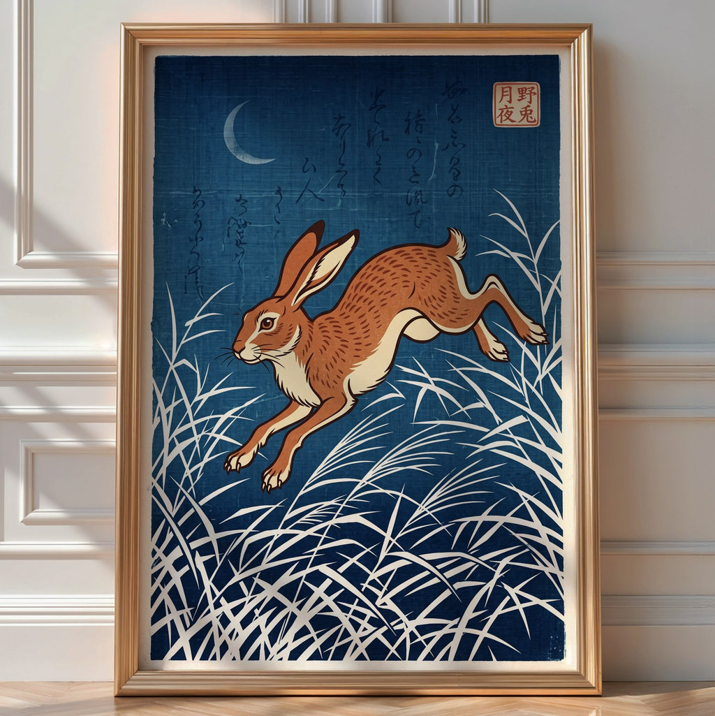 Hare in the Meadow Poster – Japanese Minimalist Wall Art Print — room-portrait