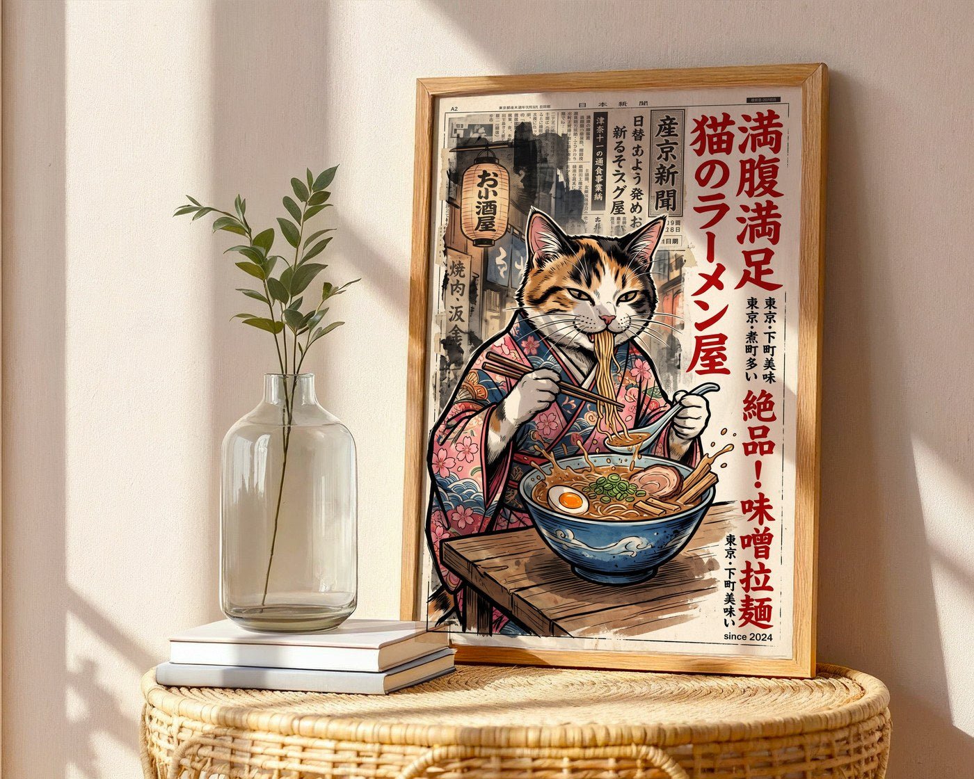 Ramen Cat Poster – Japanese Ink Illustration Wall Art Print — frame-486