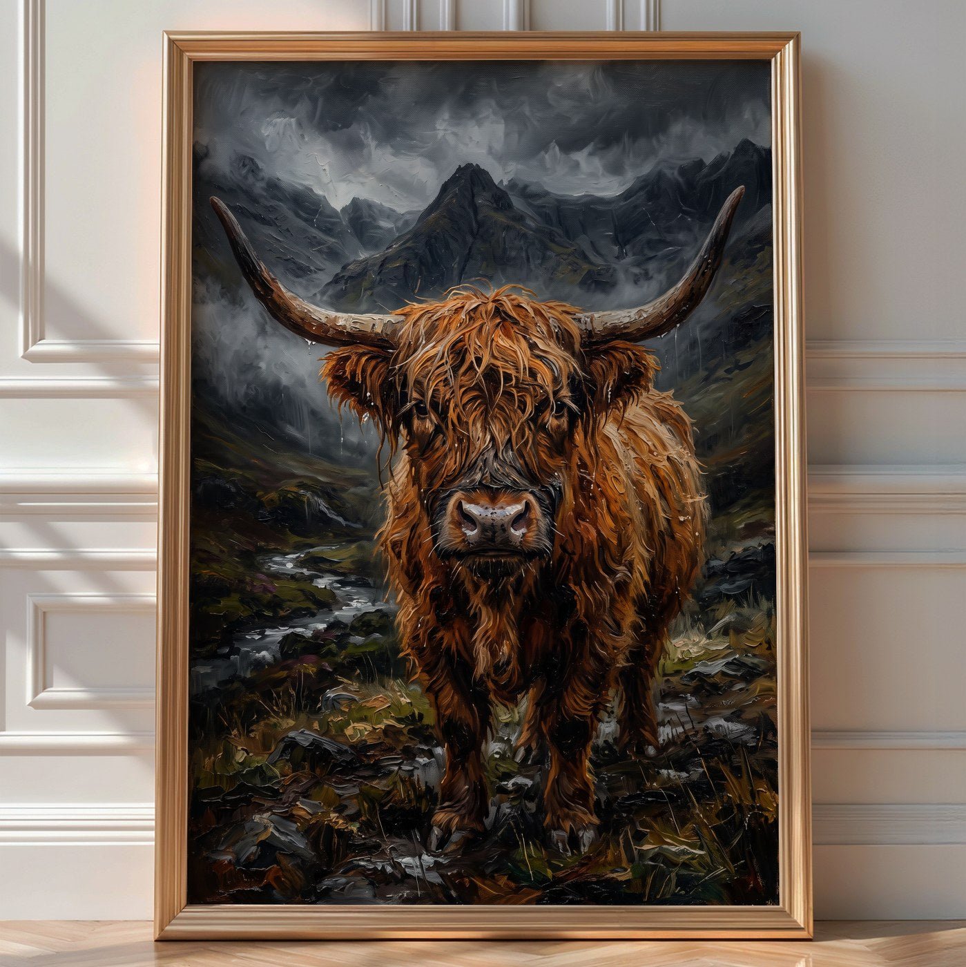 Highland Cow Poster – Moody Scottish Landscape Wall Art Print — room-portrait