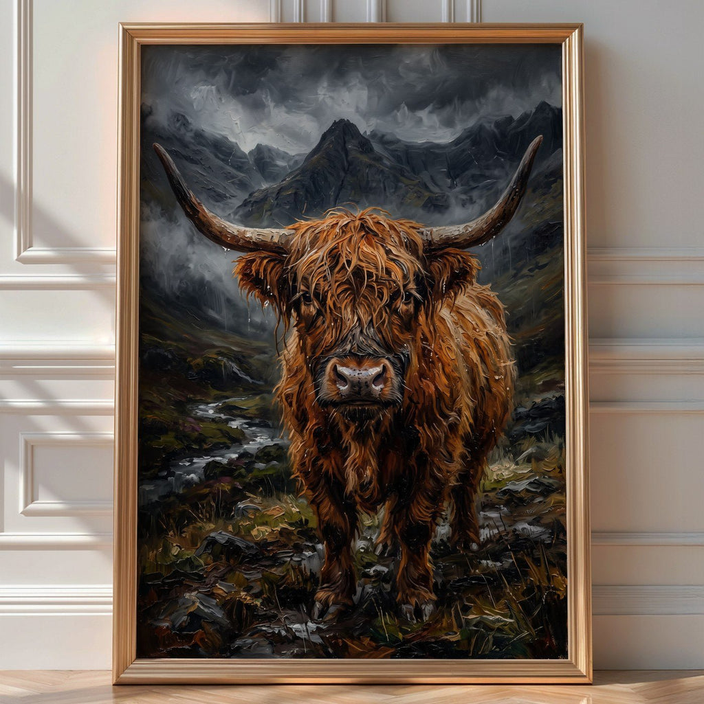 Highland Cow Poster – Moody Scottish Landscape Wall Art Print — room-portrait
