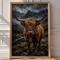 Highland Cow Poster – Moody Scottish Landscape Wall Art Print — room-portrait