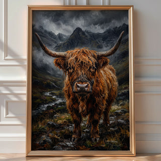 Highland Cow Poster – Moody Scottish Landscape Wall Art Print — room-portrait