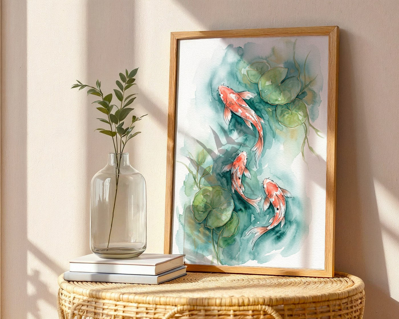 Teal Lotus Koi Poster – Watercolor Wall Art Print — frame-486