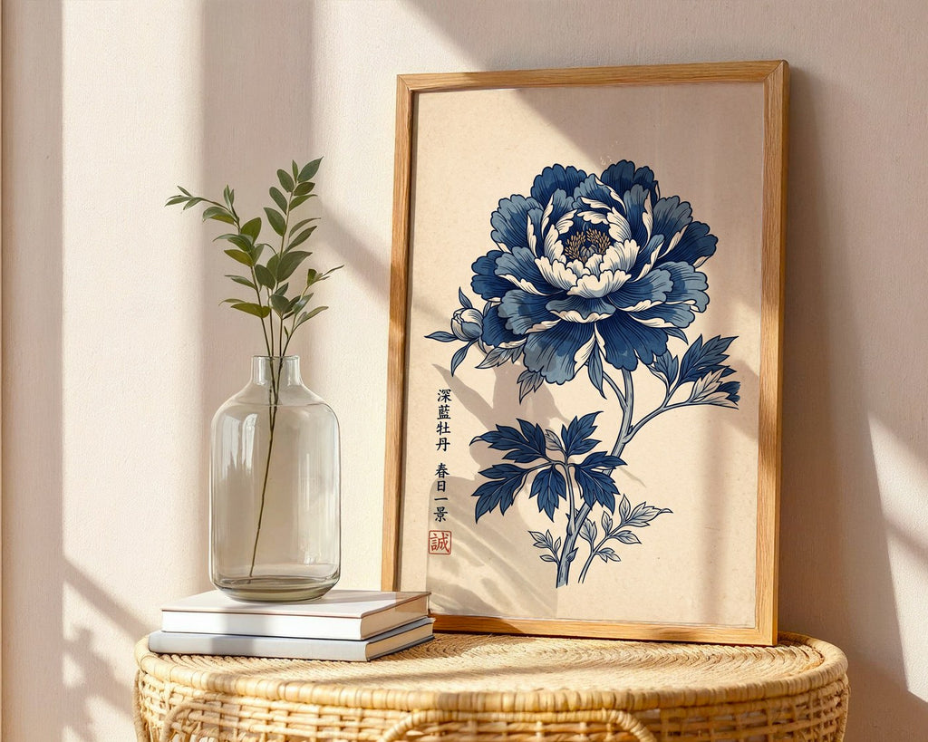 Japanese Blue Peony Poster – Indigo Ukiyo-e Wall Art Print — frame-486
