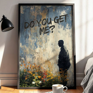 Framed artwork with a silhouette and text in a bedroom setting