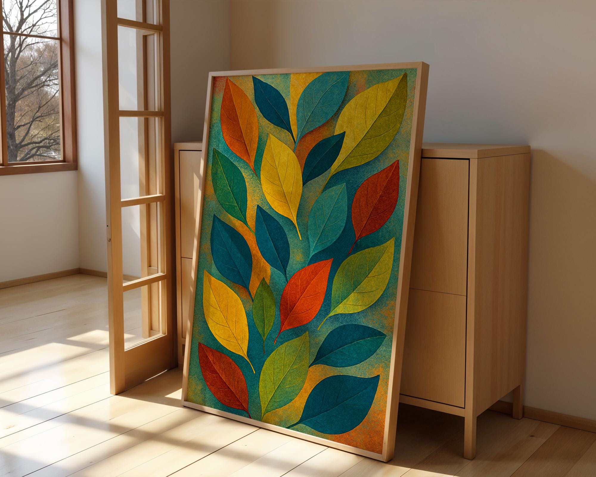 Colorful Leaf Wall Art Print – Abstract Autumn Botanical Poster, Midcentury Fall Foliage Decor, Vibrant Nature Artwork - Just Great Posters