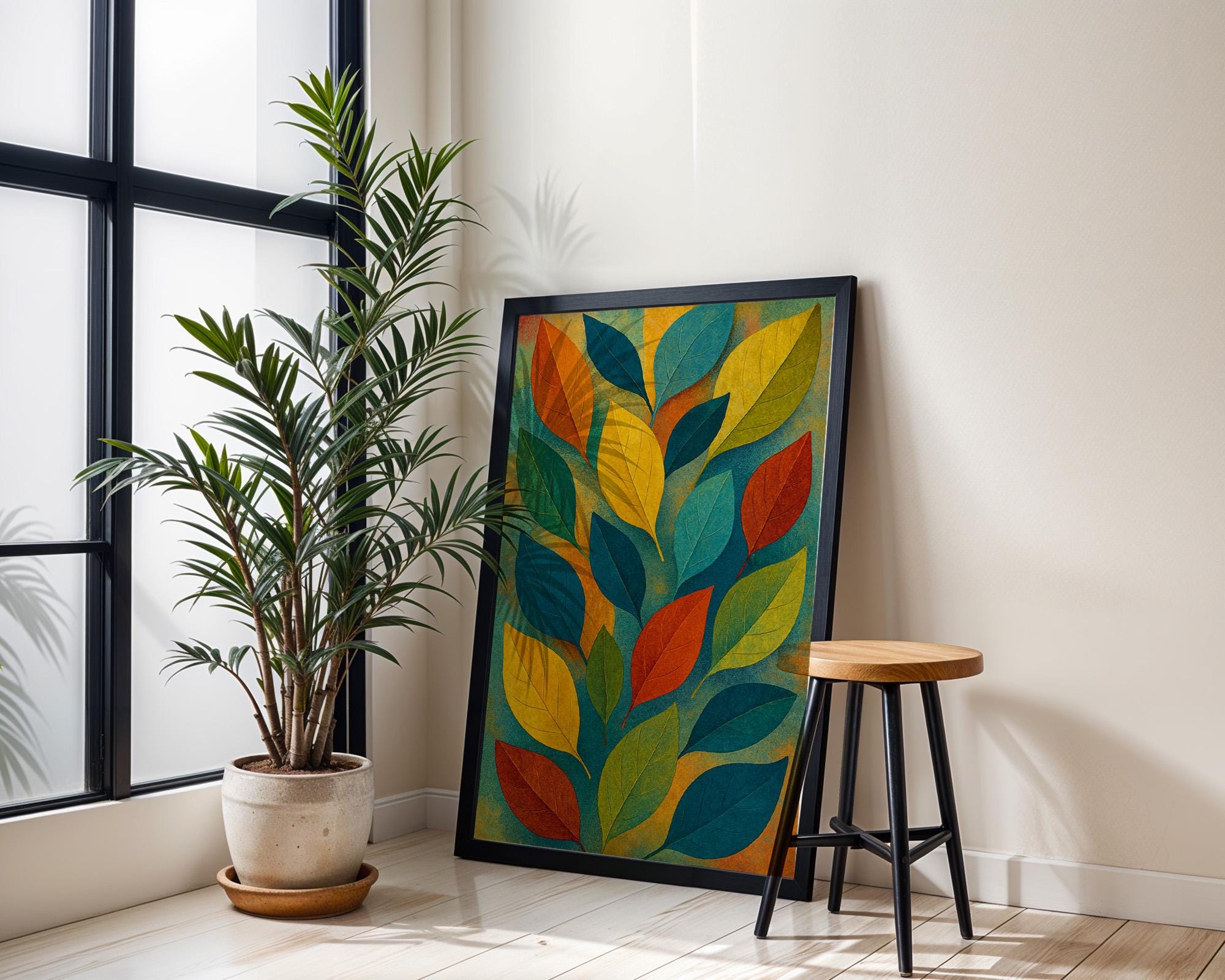 Colorful Leaf Wall Art Print – Abstract Autumn Botanical Poster, Midcentury Fall Foliage Decor, Vibrant Nature Artwork - Just Great Posters