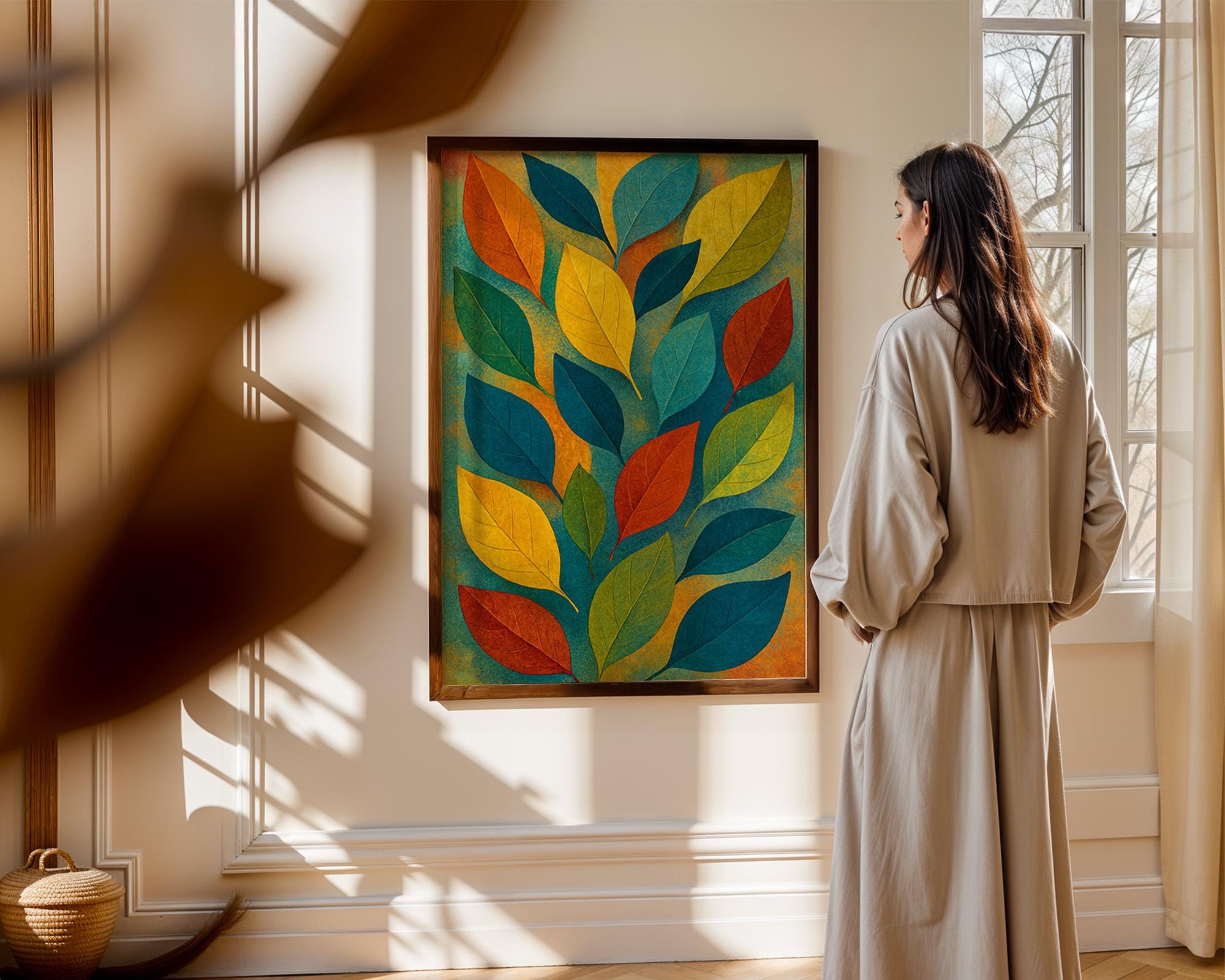 Colorful Leaf Wall Art Print – Abstract Autumn Botanical Poster, Midcentury Fall Foliage Decor, Vibrant Nature Artwork - Just Great Posters
