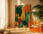 Mid Century Modern Tree Art Print – Retro Abstract Forest Wall Decor in Fall Autumn Colours, Minimalist Nature Poster, Free Shipping - Just Great Posters