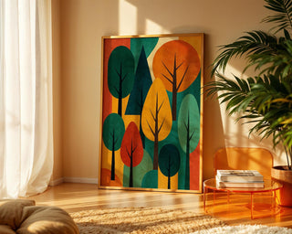 Mid Century Modern Tree Art Print – Retro Abstract Forest Wall Decor in Fall Autumn Colours, Minimalist Nature Poster, Free Shipping - Just Great Posters