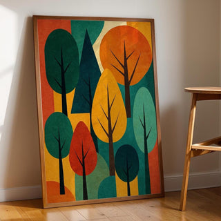 Mid Century Modern Tree Art Print – Retro Abstract Forest Wall Decor in Fall Autumn Colours, Minimalist Nature Poster, Free Shipping - Just Great Posters