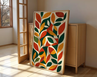 Mid Century Modern Leaf Art Print – Abstract Botanical Wall Decor in Retro Fall Colors, Minimalist Nature Poster, Free Shipping - Just Great Posters