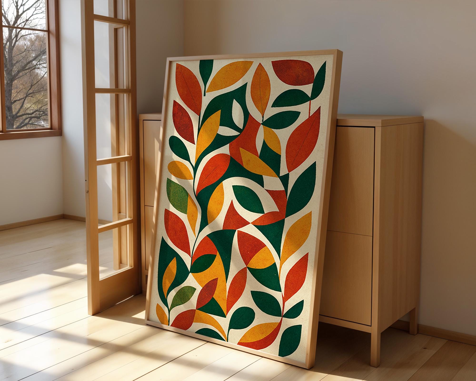 Mid Century Modern Leaf Art Print – Abstract Botanical Wall Decor in Retro Fall Colors, Minimalist Nature Poster, Free Shipping - Just Great Posters