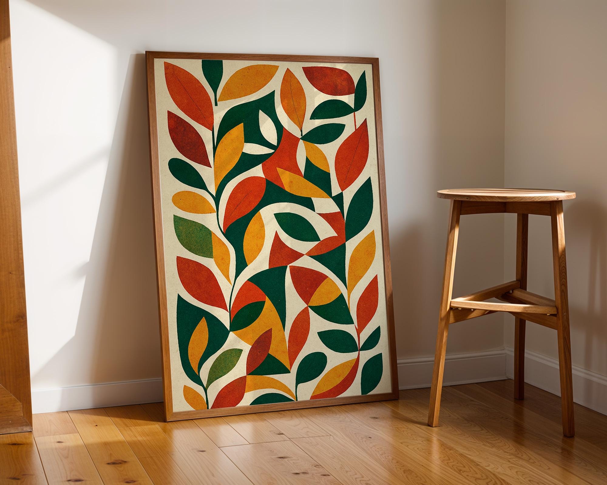 Mid Century Modern Leaf Art Print – Abstract Botanical Wall Decor in Retro Fall Colors, Minimalist Nature Poster, Free Shipping - Just Great Posters