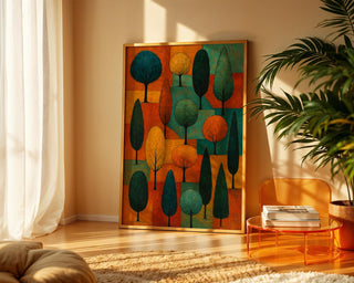 Modern Abstract Tree Art Print – Colorful Geometric Forest Wall Decor in Fall Tones - Just Great Posters