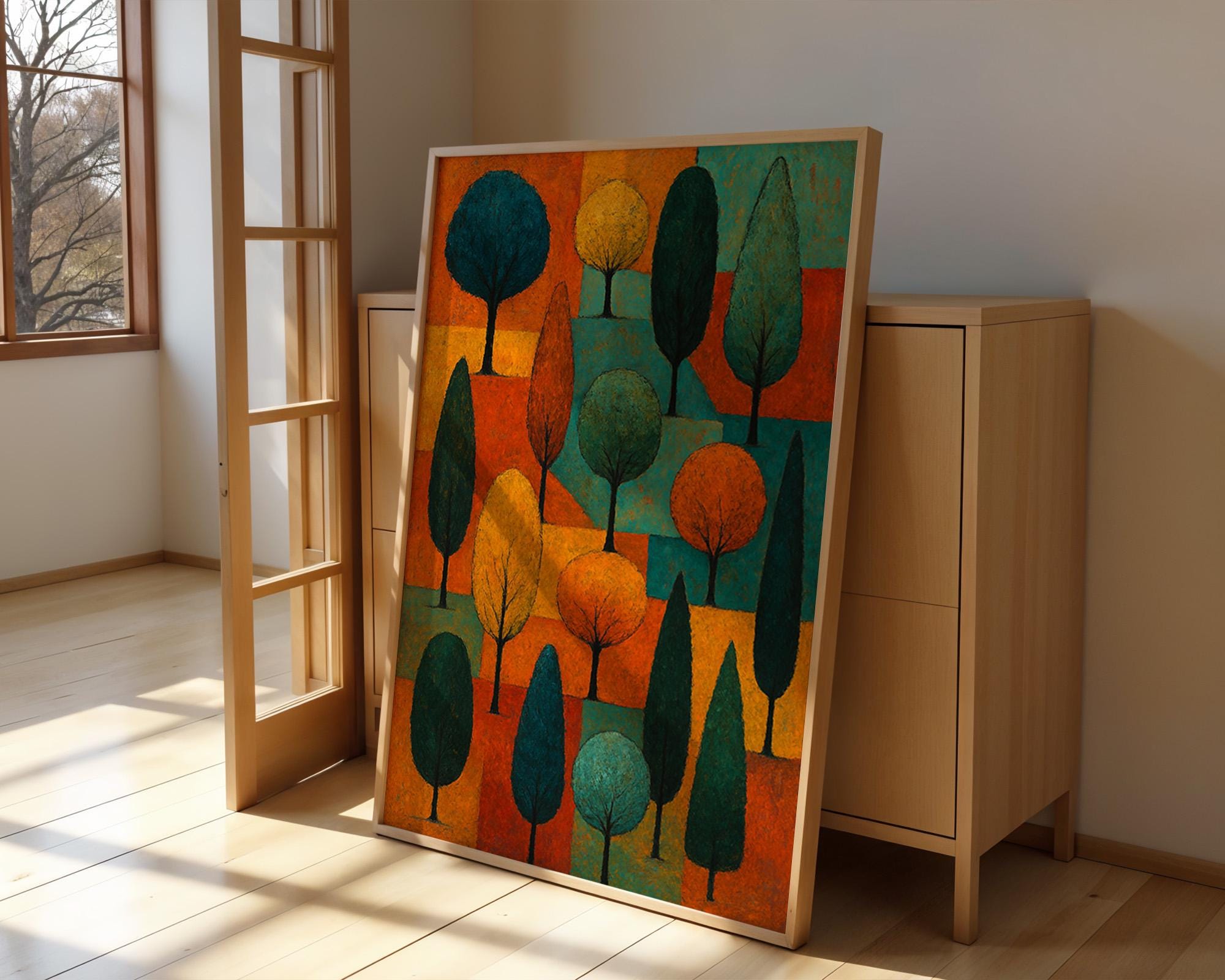 Modern Abstract Tree Art Print – Colorful Geometric Forest Wall Decor in Fall Tones - Just Great Posters