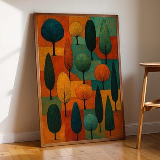 Modern Abstract Tree Art Print – Colorful Geometric Forest Wall Decor in Fall Tones - Just Great Posters
