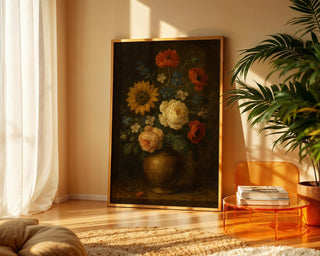 Vintage Floral Still Life Print – Dutch - Inspired Dark Academia Flower Art with Rustic Vase - Just Great Posters