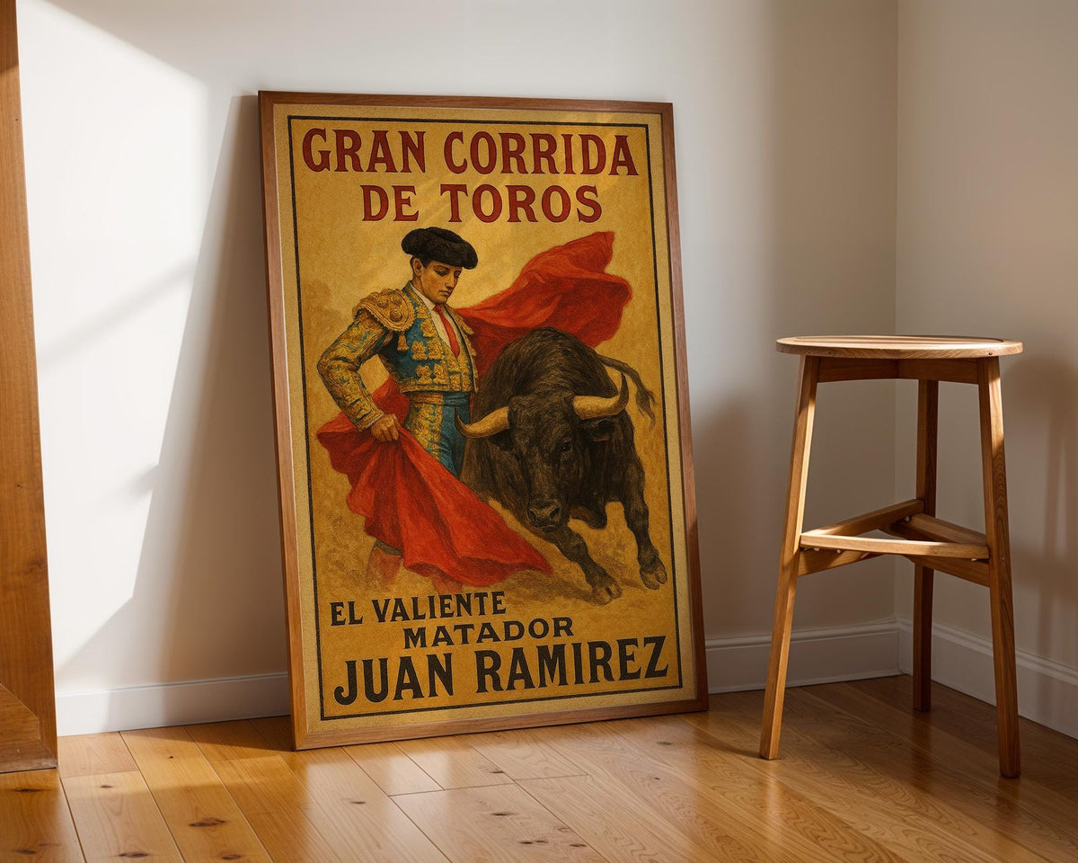 Spanish bullfight poster mockup shown on a gallery wall