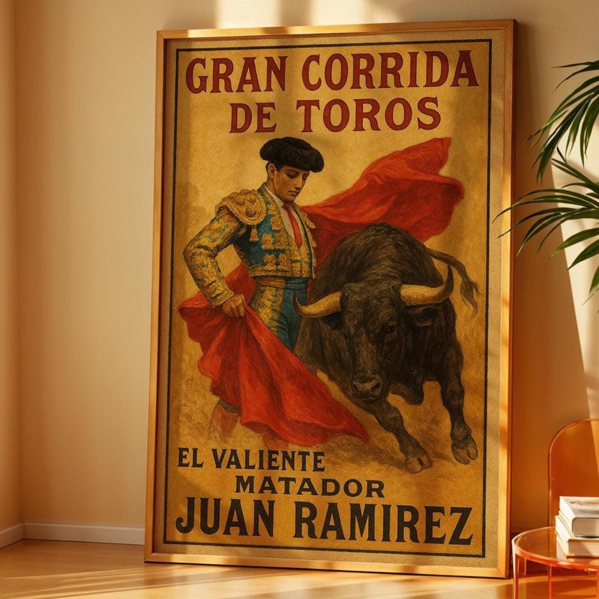 Spanish bullfight poster displayed in a styled room setting