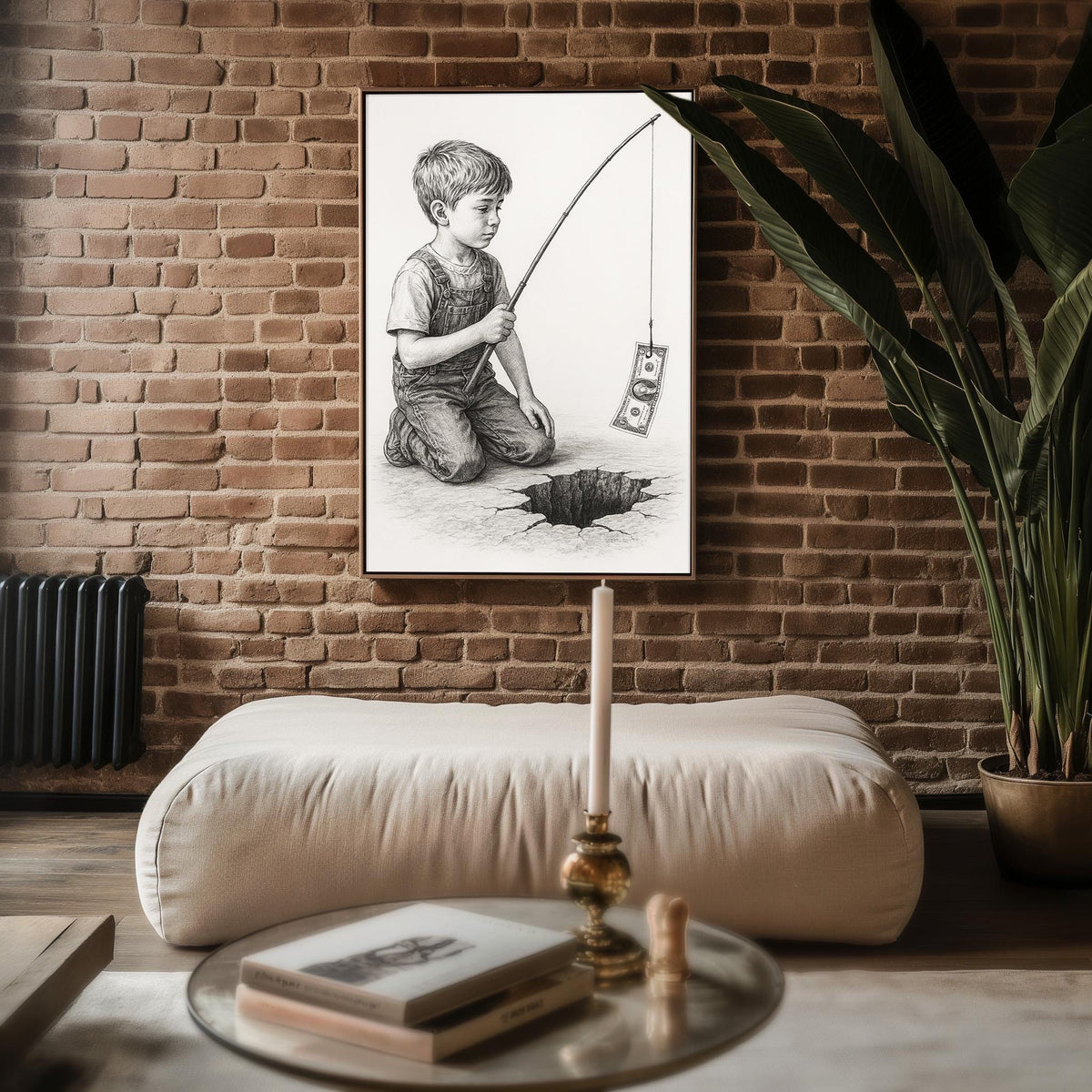 Cynical Fishing Art Print – Surreal Pencil Drawing of Boy with Dollar over Abyss, Satirical Wall Art - Just Great Posters