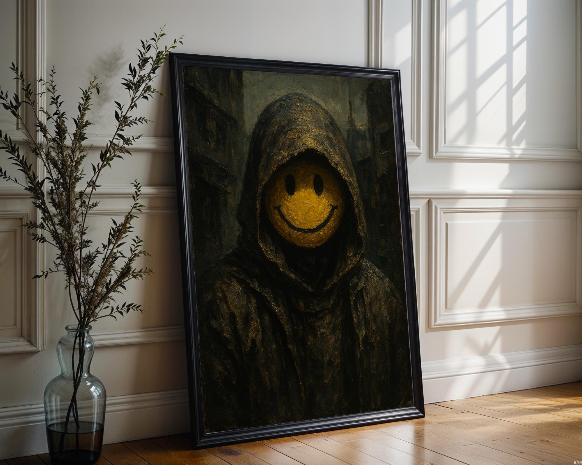 Dystopian Smiley Face Art – Dark Hooded Figure with Grinning Mask, Surreal Gothic Wall Print - Just Great Posters