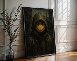 Dystopian Smiley Face Art – Dark Hooded Figure with Grinning Mask, Surreal Gothic Wall Print - Just Great Posters