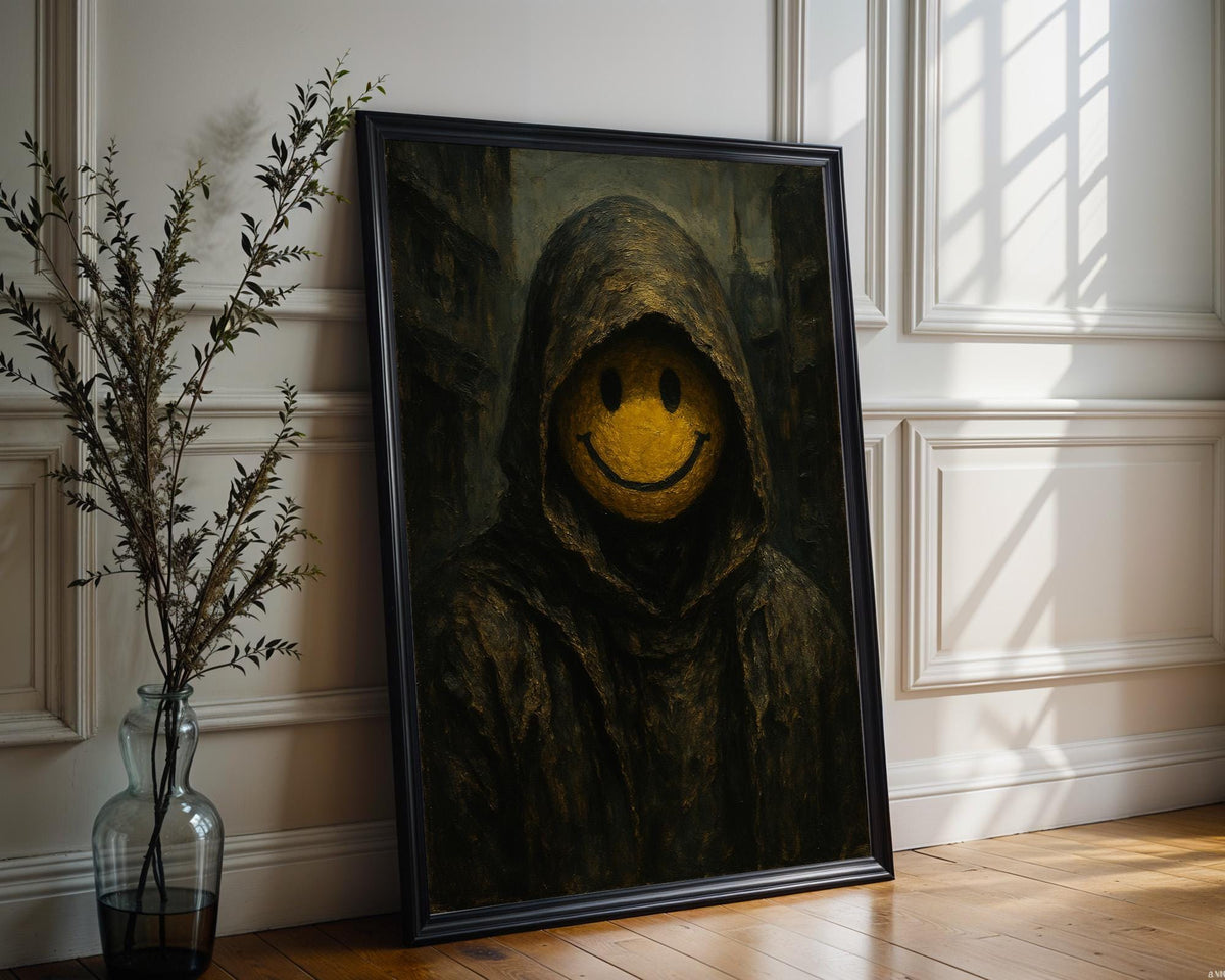 Dystopian Smiley Face Art – Dark Hooded Figure with Grinning Mask, Surreal Gothic Wall Print - Just Great Posters