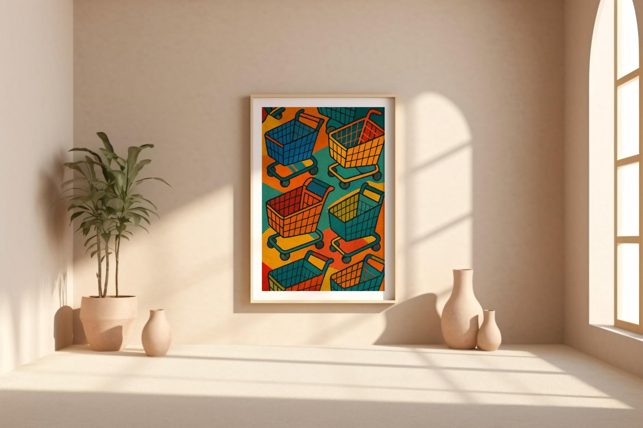 Pop Art Shopping Cart Print – Bold Retro - Inspired Wall Art with Colourful Consumer Culture Twist - Shopping Trolley Print - Just Great Posters