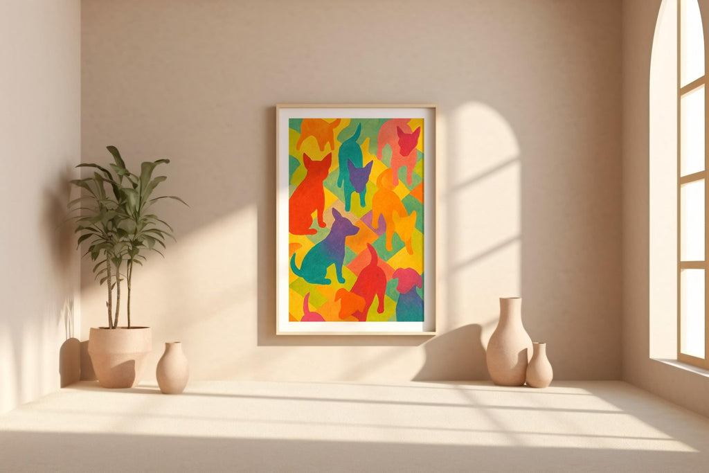Colourful Dog Silhouettes Art Print – Rainbow Puppy Pattern Wall Decor for Bold, Happy Spaces - Just Great Posters