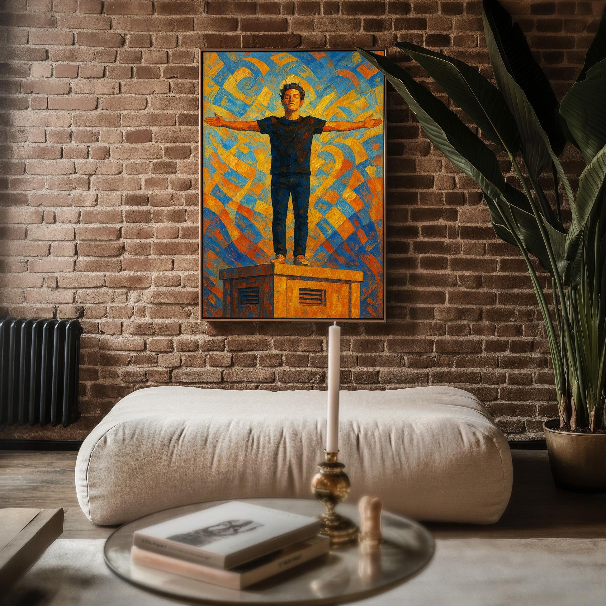 Empowerment Abstract Art Print – Bold Figure with Outstretched Arms, Expressionist Wall Art in Blue & Gold - Just Great Posters