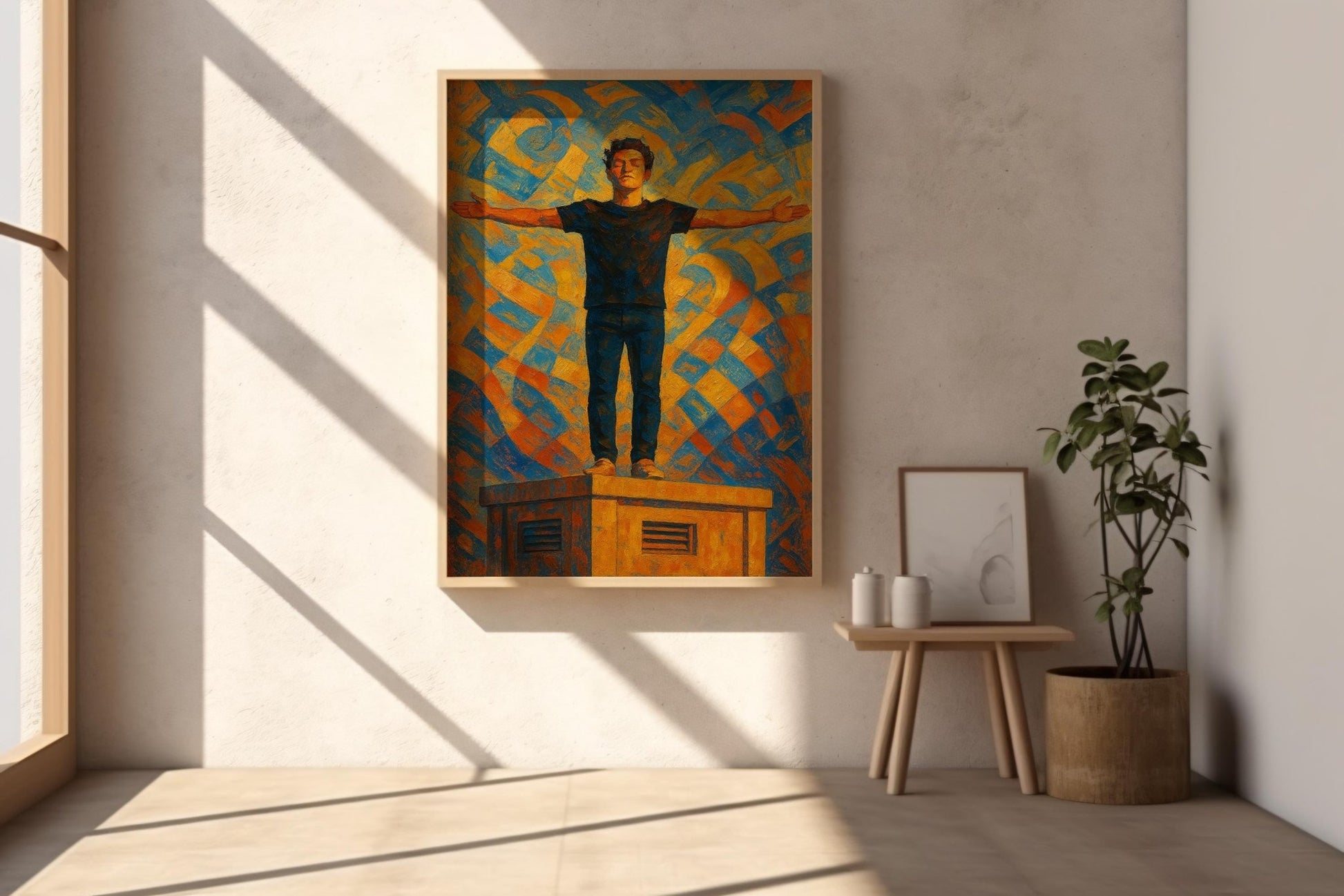 Empowerment Abstract Art Print – Bold Figure with Outstretched Arms, Expressionist Wall Art in Blue & Gold - Just Great Posters