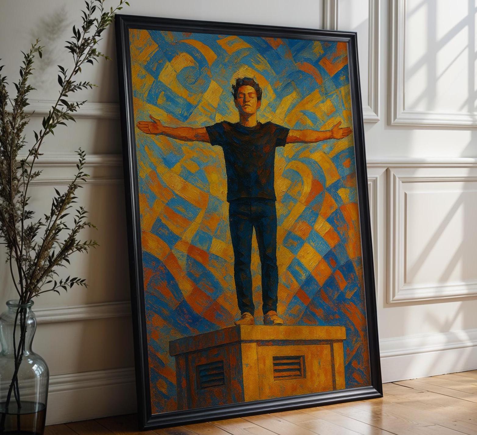 Empowerment Abstract Art Print – Bold Figure with Outstretched Arms, Expressionist Wall Art in Blue & Gold - Just Great Posters
