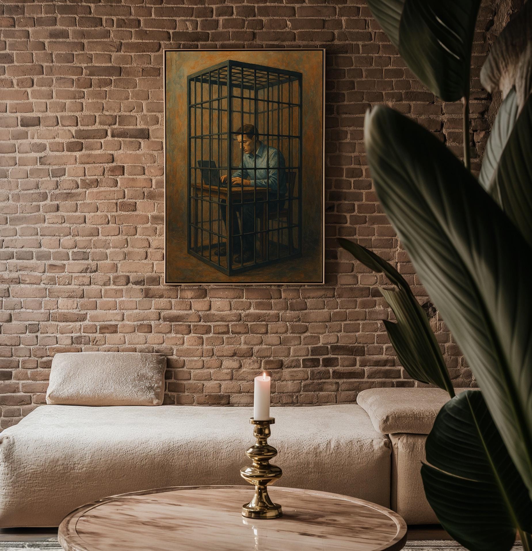 Corporate Cage Art Print – Surreal Modern Painting of Man Trapped at Laptop in Prison Cell - Just Great Posters