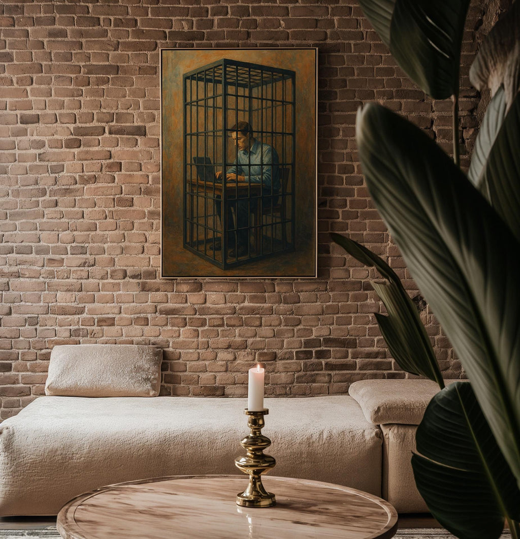 Corporate Cage Art Print – Surreal Modern Painting of Man Trapped at Laptop in Prison Cell - Just Great Posters