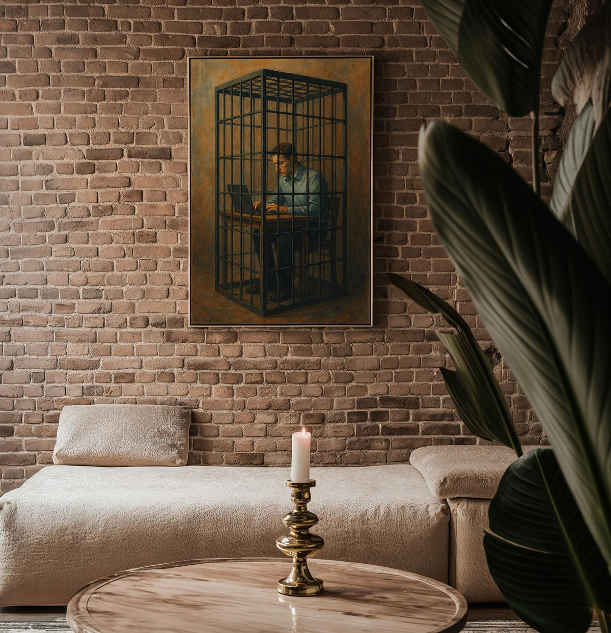 Corporate Cage Art Print – Surreal Modern Painting of Man Trapped at Laptop in Prison Cell - Just Great Posters