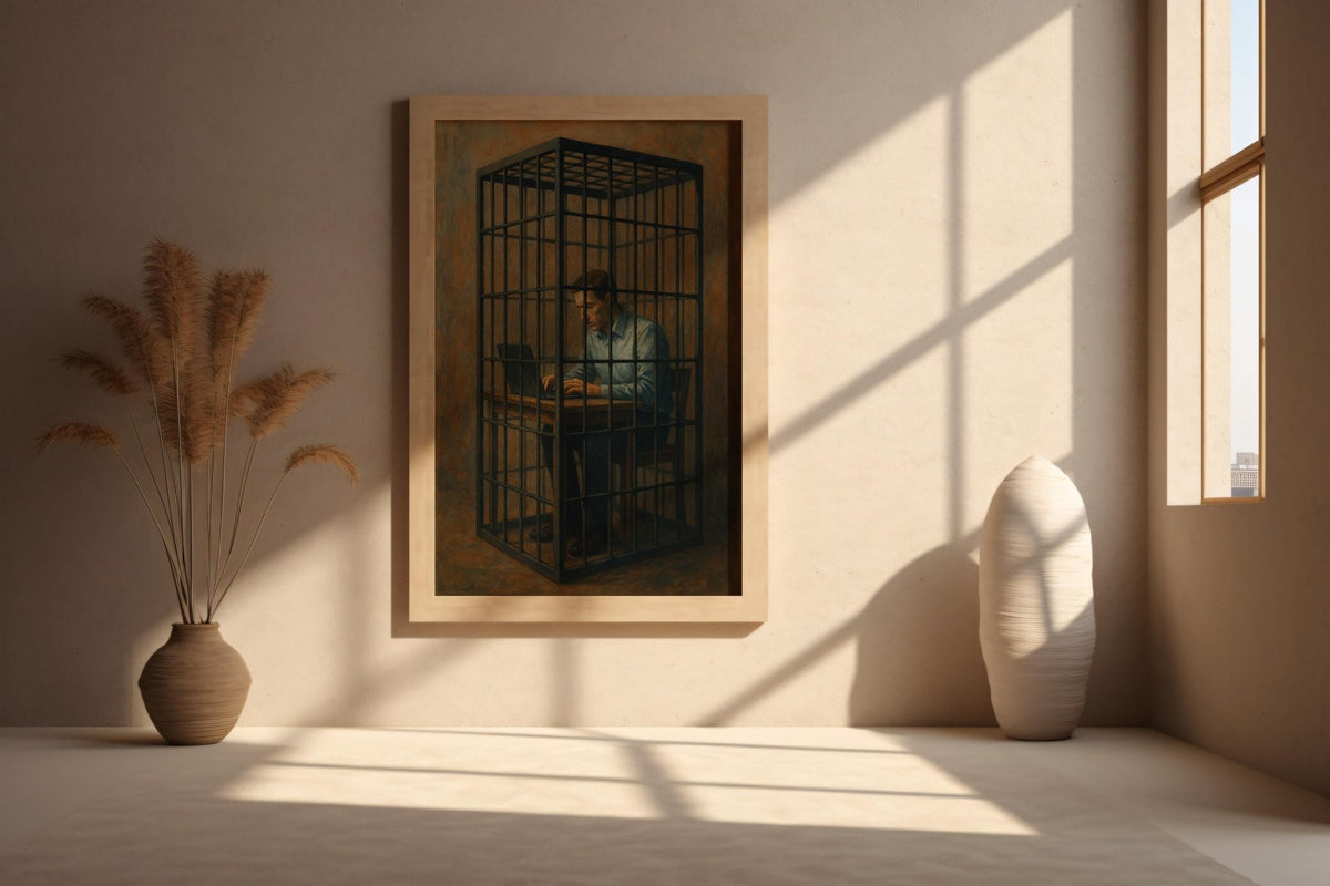 Corporate Cage Art Print – Surreal Modern Painting of Man Trapped at Laptop in Prison Cell - Just Great Posters