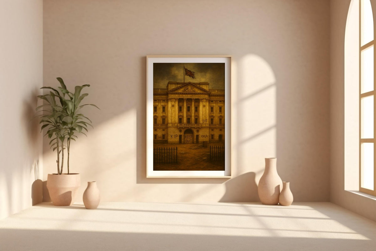 Graffiti Palace Art Print – Dystopian British Monarchy Wall Art with Dark Satirical Twist - Just Great Posters