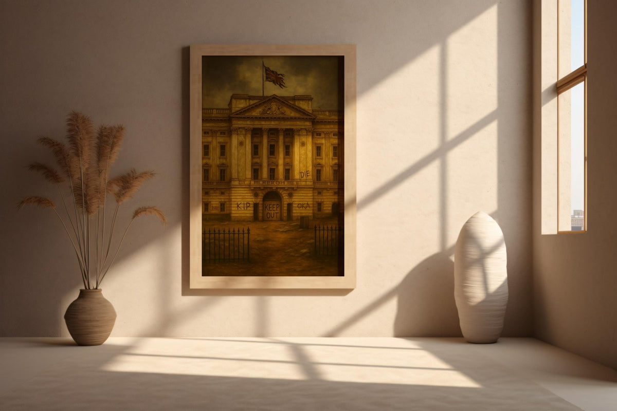 Graffiti Palace Art Print – Dystopian British Monarchy Wall Art with Dark Satirical Twist - Just Great Posters