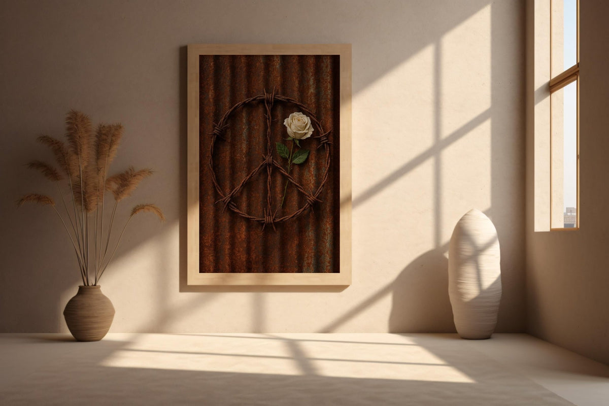 Barbed Wire Peace Sign Print – White Rose on Rusted Metal, Gritty Symbolic Wall Art - Just Great Posters