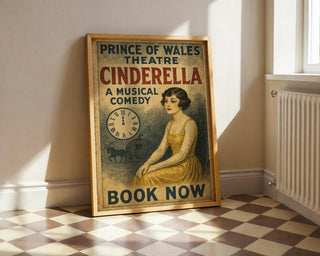 Cinderella Musical Comedy Poster – Vintage Fairytale Theatre Print with Clock and Coach Motif - Just Great Posters