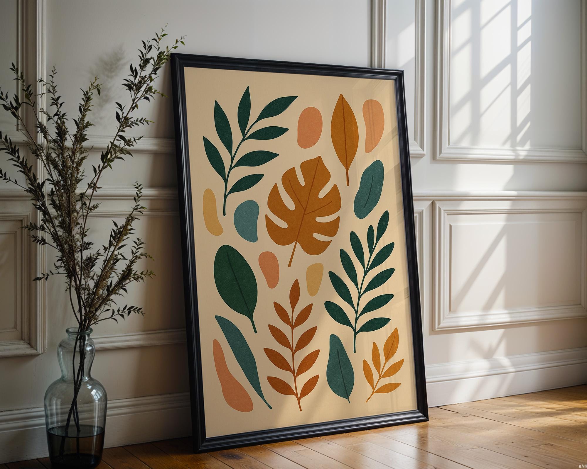 Mid Century Modern Leaf Print – Abstract Botanical Wall Art, Minimalist Nature Decor, Boho Plant Poster, Earth Tone Digital Download - Just Great Posters