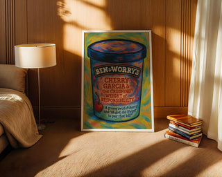 Cherry Garcia Responsibility Poster – Funny Anxiety Wall Art, Ben & Worry’s Ice Cream Parody, Physical Mental Health Print Shipped - Just Great Posters