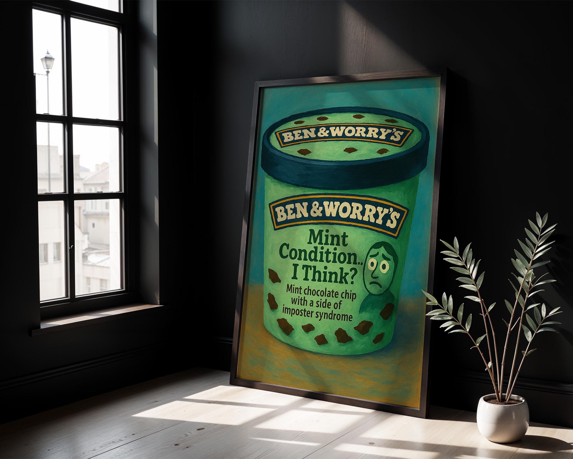 Mint Condition I Think Poster – Funny Imposter Syndrome Wall Art, Mental Health Ice Cream Parody Print, Shipped Physical Poster - Just Great Posters