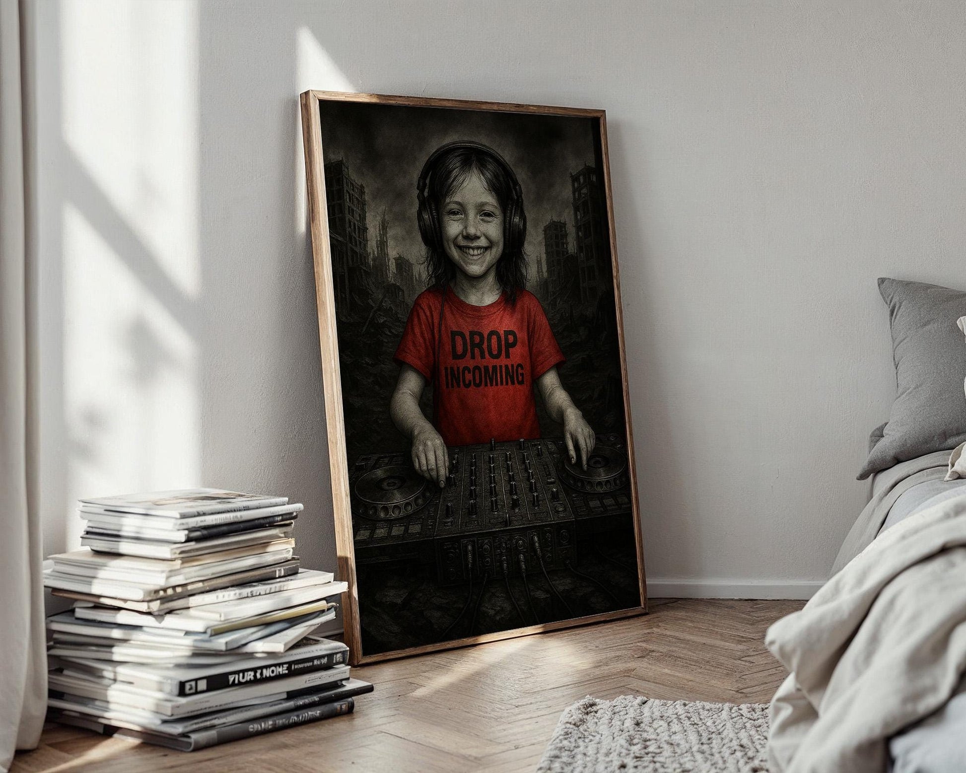 Smiling Kid DJ in Dystopian Ruins | Drop Incoming Tee Art Print | Dark Humour Wall Art | Apocalyptic Music Poster | Free Shipping - Just Great Posters
