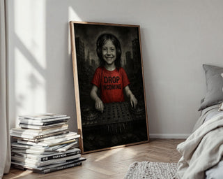 Smiling Kid DJ in Dystopian Ruins | Drop Incoming Tee Art Print | Dark Humour Wall Art | Apocalyptic Music Poster | Free Shipping - Just Great Posters