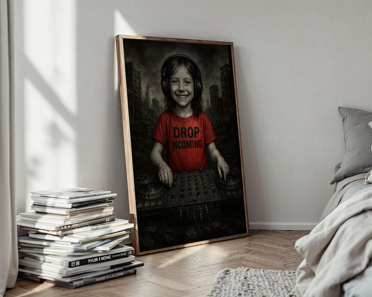 Smiling Kid DJ in Dystopian Ruins | Drop Incoming Tee Art Print | Dark Humour Wall Art | Apocalyptic Music Poster | Free Shipping - Just Great Posters